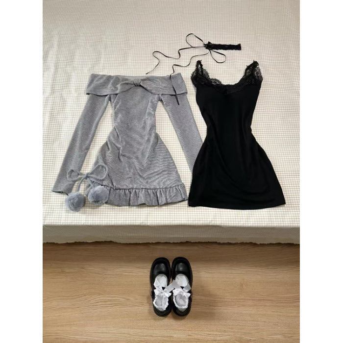 Pure Desire Style Sling Dress Gray Bow